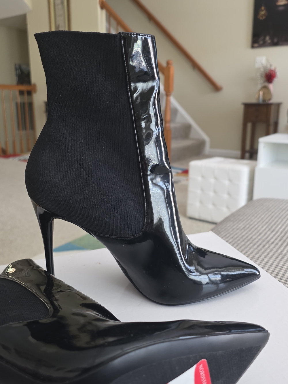 Black Patent Pointed Stiletto Ankle Boots with Stretch Panel